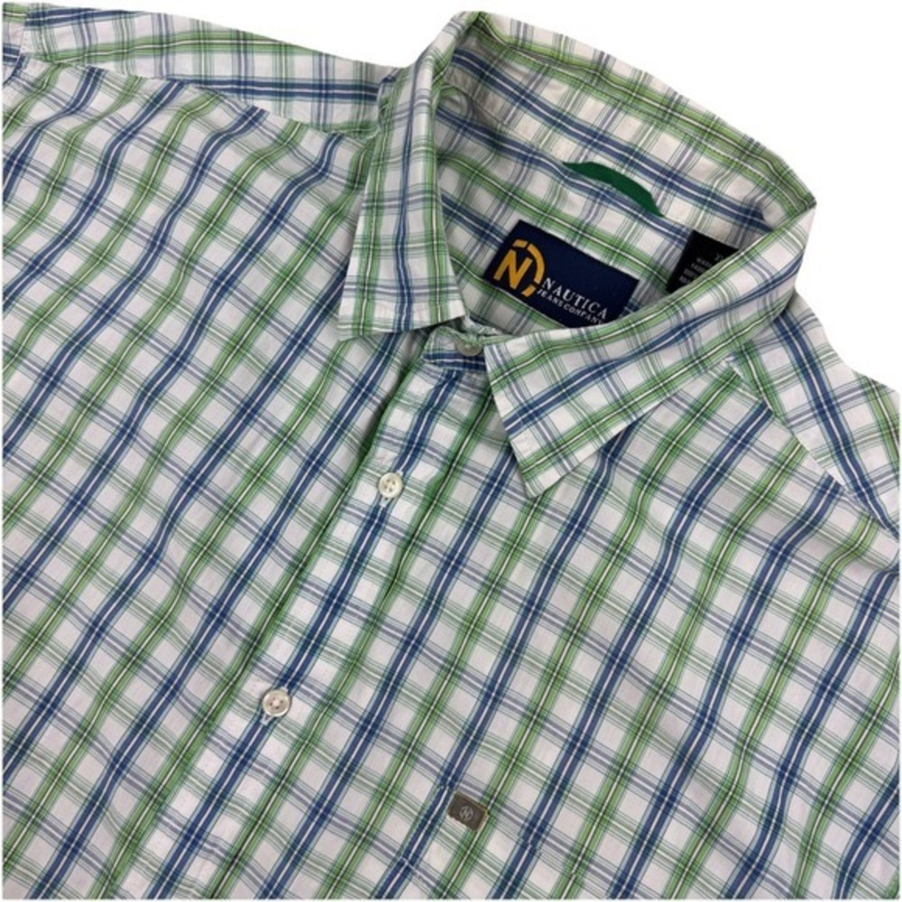 NAUTICA Mens Short Sleeve Button Shirt Plaid Green/Blue - SIZE XL